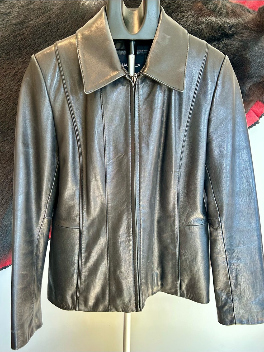 Nautica Women's Soft Black Leather Zip-Front Jacket with Classic Collar Sz M EUC